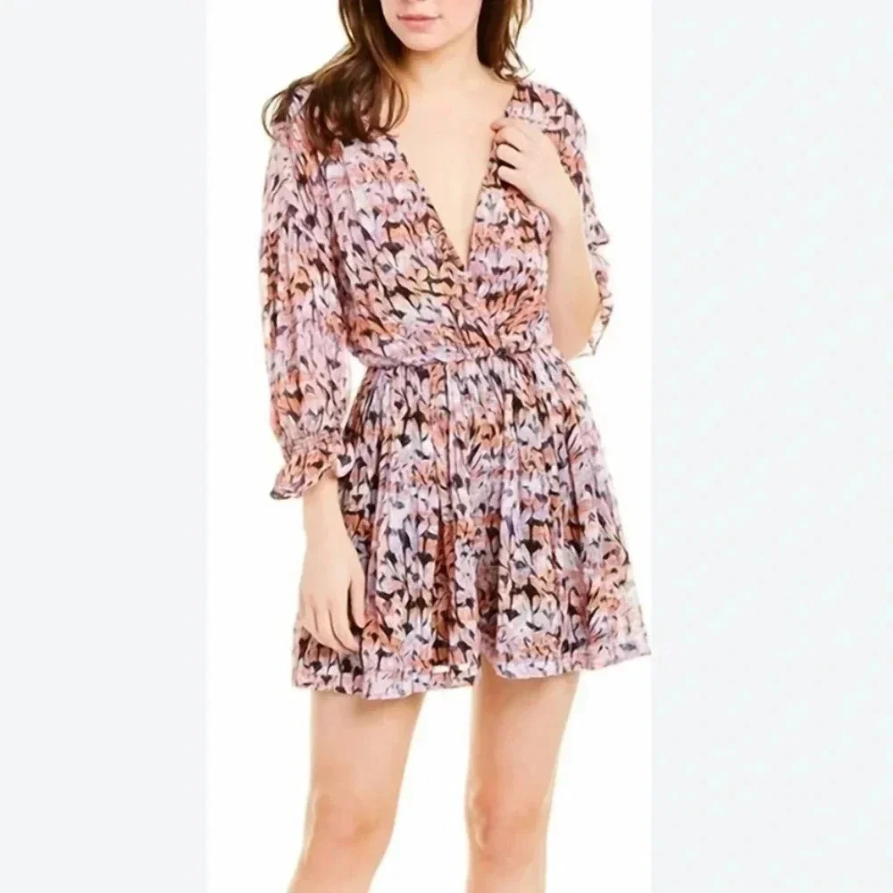 IRO Mercy Playsuit in Multi Floral Jumpsuit Romper Long Sleeve Smocked V Neck M